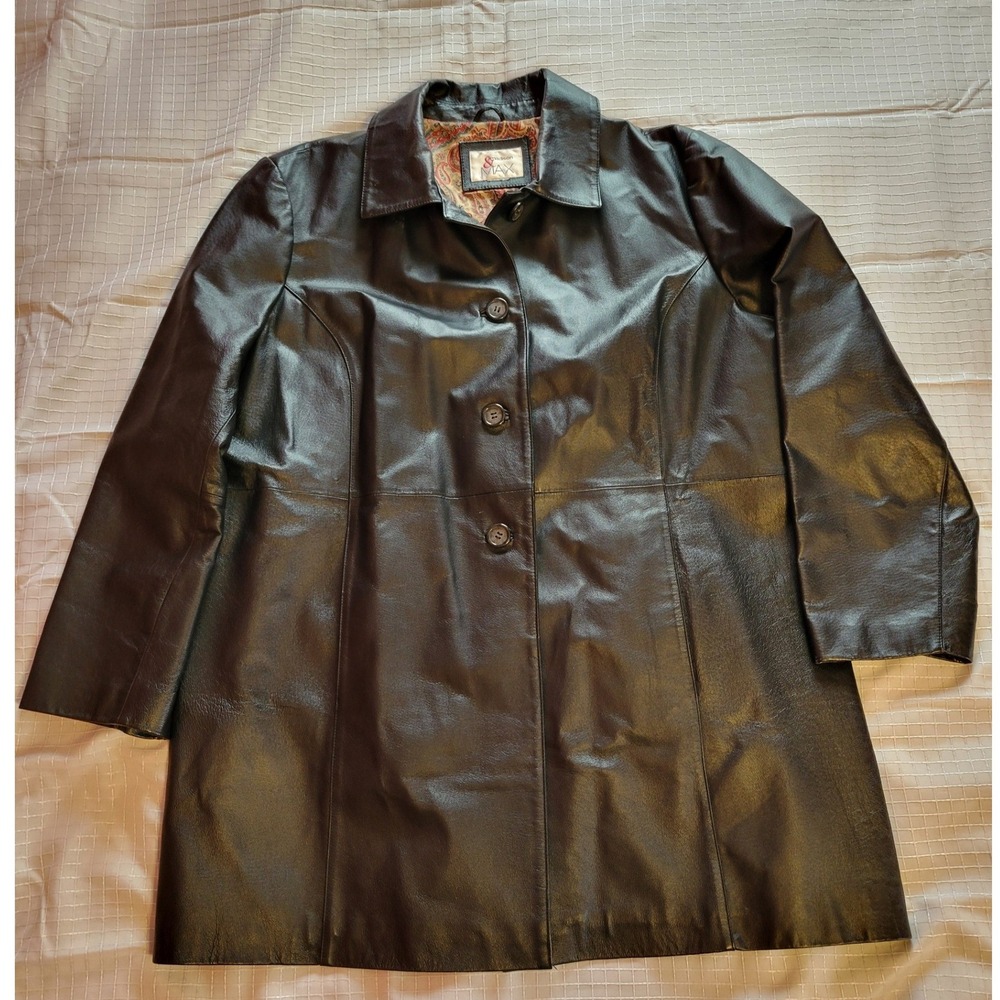 Madison & Max Womens Black‎ Leather Trench Coat Paisley Lining Mid Length Jacket